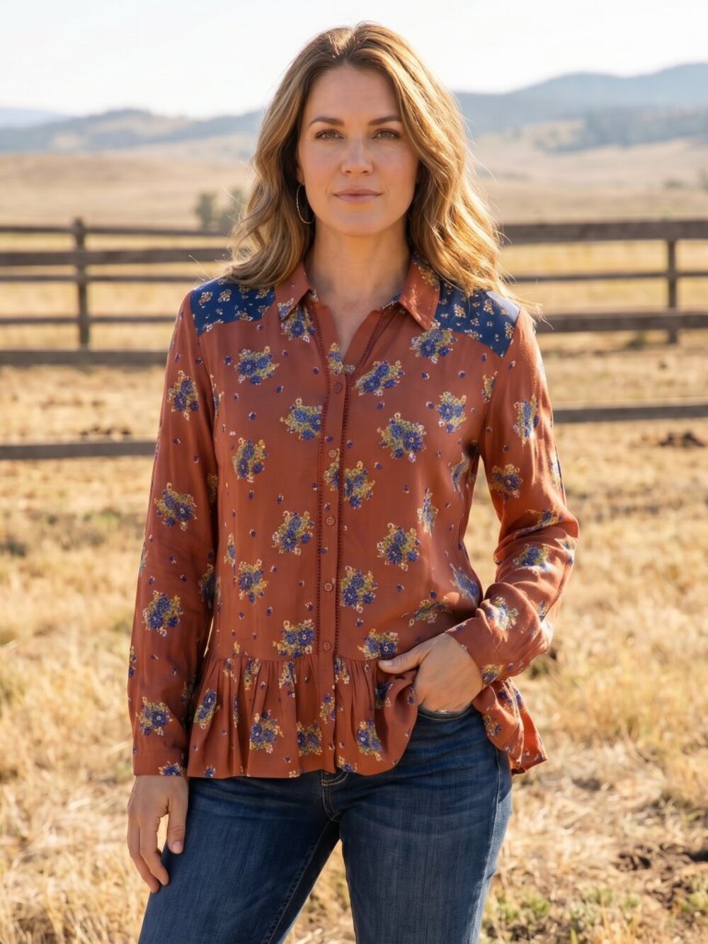 Back in The Saddle M Top Rust Floral LS Western Boho Cottage Ruffle Romantic Mod